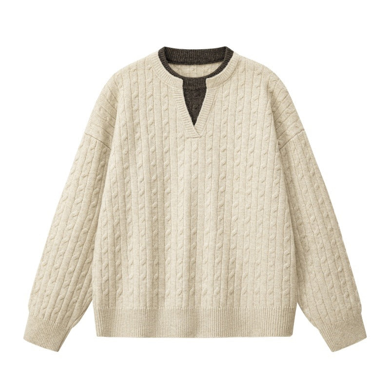 Damen Oversize Zopfstrickpullover mit hohem Rollkragen und Knopfleiste Drune