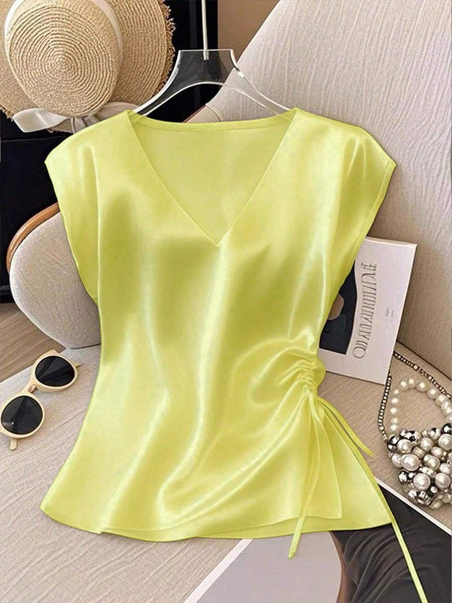 Damen Satinbluse mit seitlichem Kordelzug und V-Ausschnitt Drune