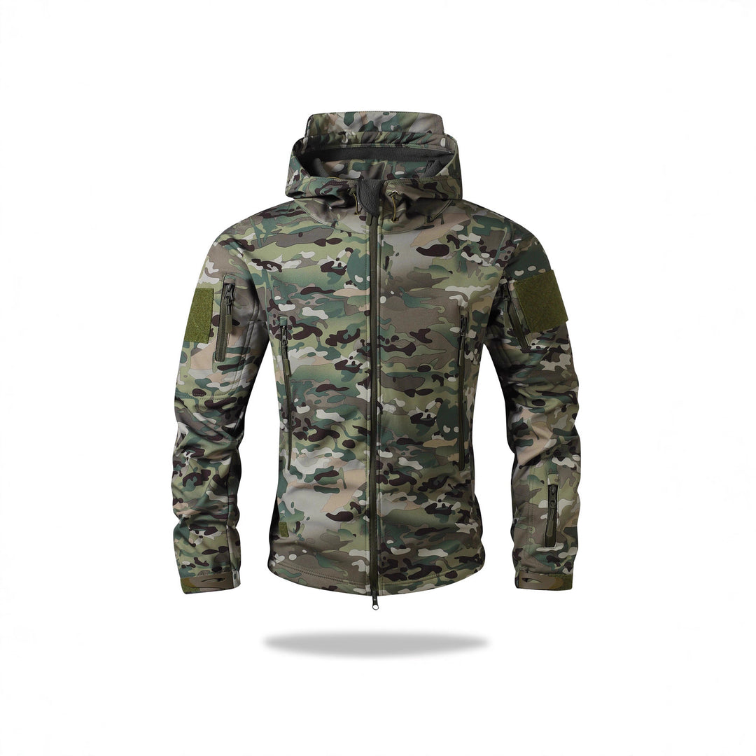 Herren Taktische Softshelljacke mit Kapuze, Camouflage‑Design und Multifachtaschen Drune