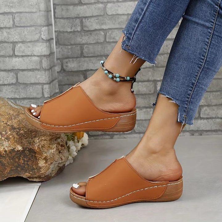 Damen Offene Komfort‑Mules mit gepolstertem Fußbett und Korkoptik‑Plateau Drune