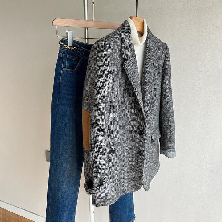 Damen Lockere Wollmix-Blazer im Fischgrät-Tweed mit Kontrast-Ellenbogenpatches Drune