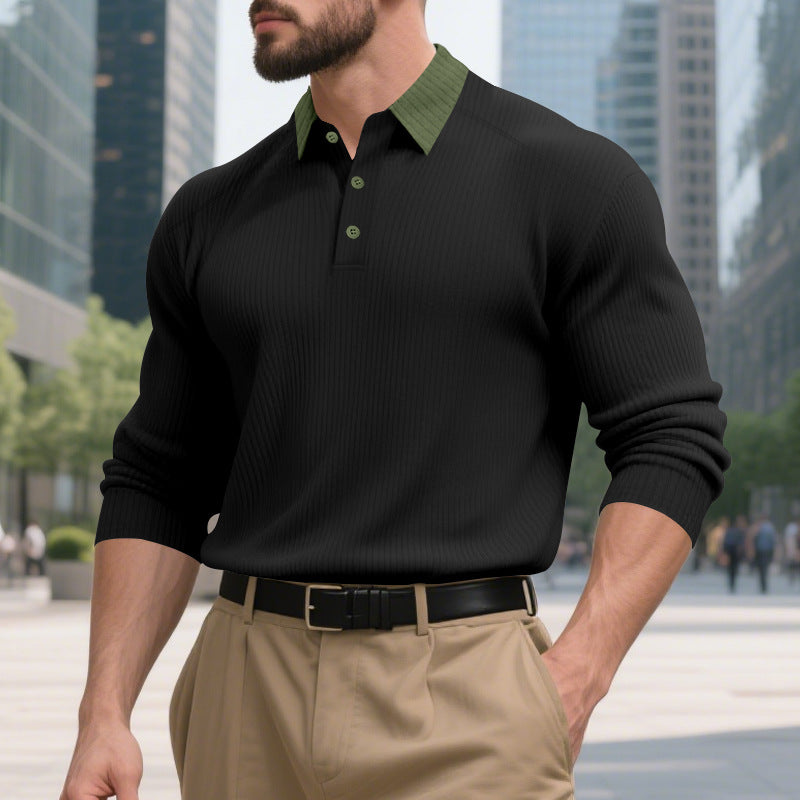 Herren elegantes Langarm-Polohemd mit strukturiertem Design und modischem Kragen Drune