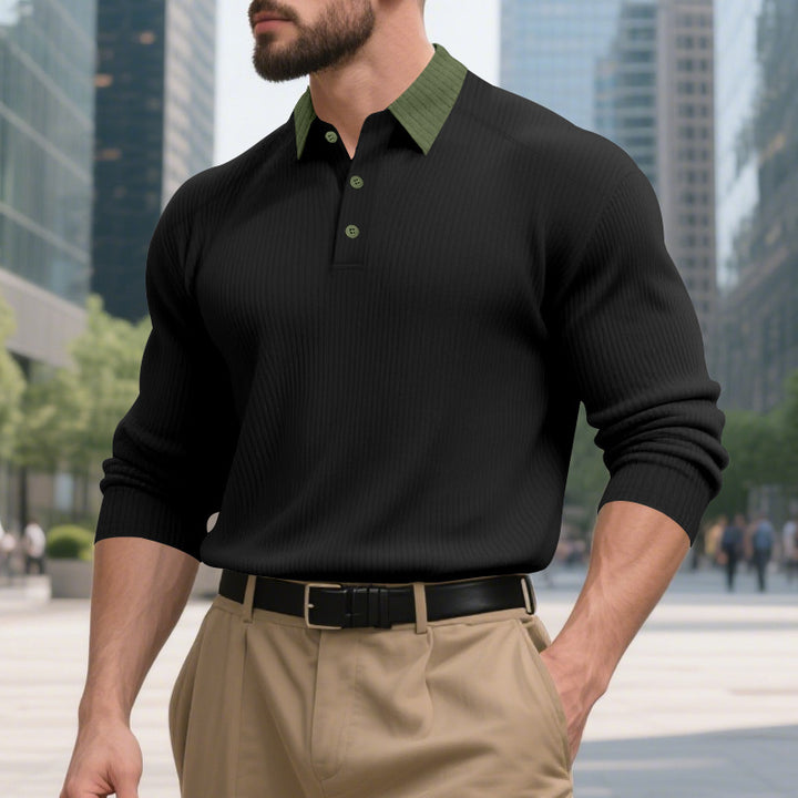 Herren elegantes Langarm-Polohemd mit strukturiertem Design und modischem Kragen Drune