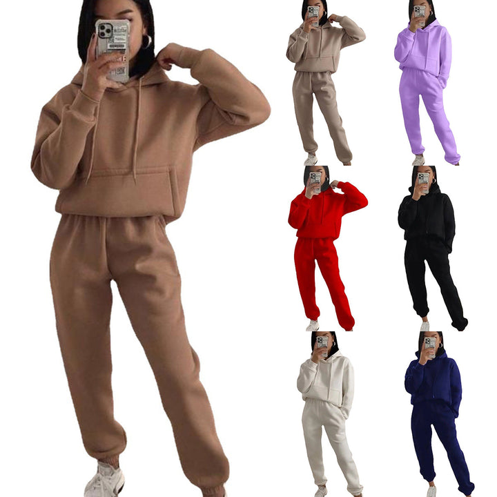 Damen lässiger Fleece-Sweatsuit mit cropped Hoodie und elastischer Hose Drune
