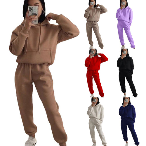 Damen lässiger Fleece-Sweatsuit mit cropped Hoodie und elastischer Hose Drune