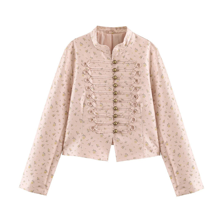 Damen Kurze Brokatoptik Militärblousonjacke mit Froschknopfleiste Drune
