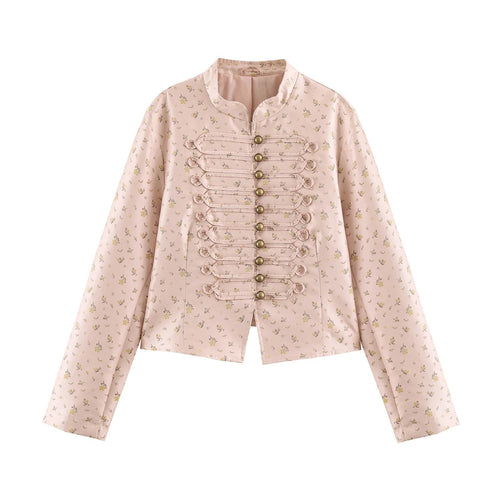 Damen Kurze Brokatoptik Militärblousonjacke mit Froschknopfleiste Drune
