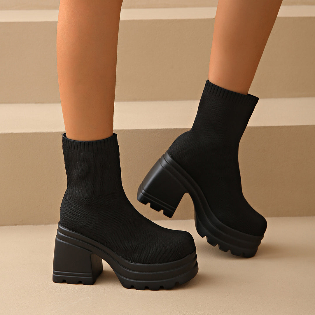 Damen Chunky Stiefeletten mit hohem Absatz und flexiblem Strickdesign Drune