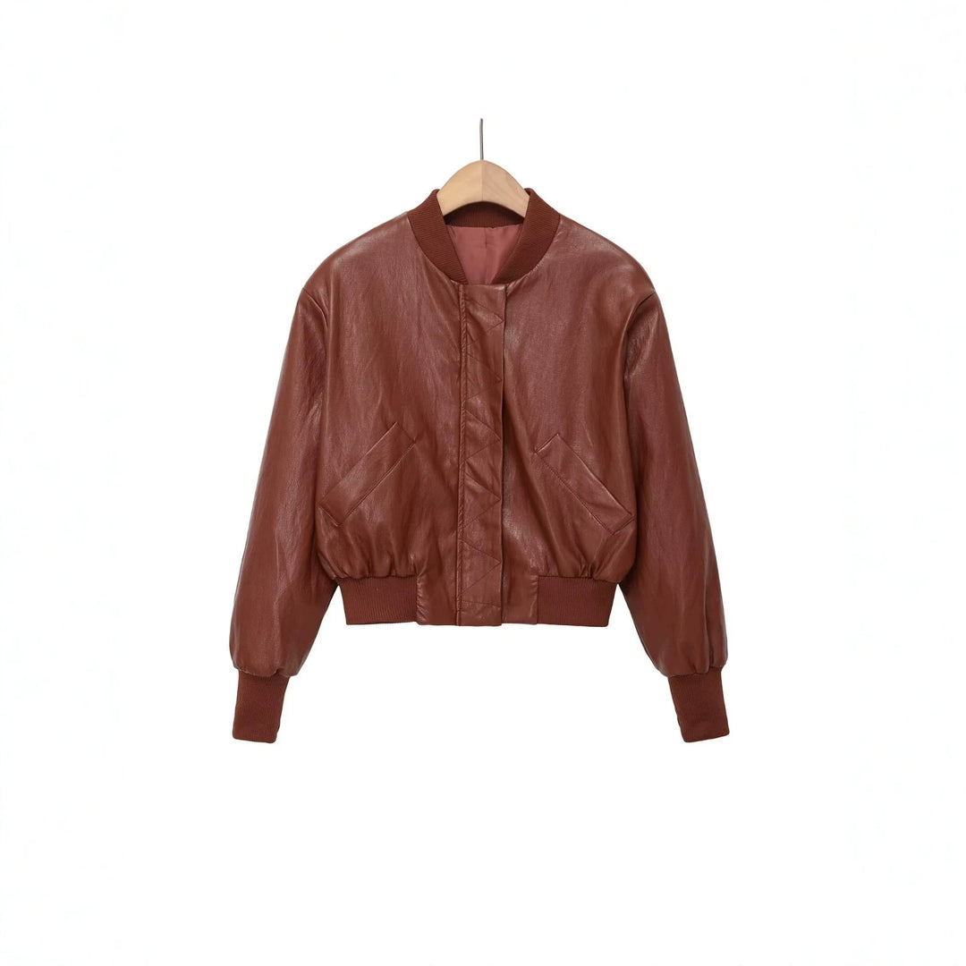 Damen Cropped Leder-Bomberjacke mit geripptem Saum und Pattentaschen Drune