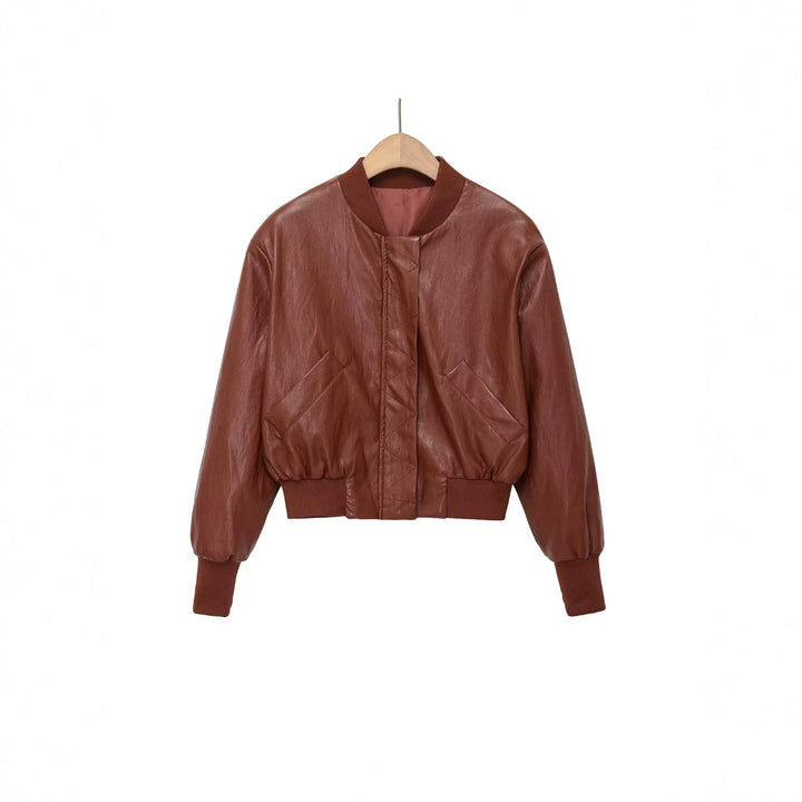 Damen Cropped Leder-Bomberjacke mit geripptem Saum und Pattentaschen Drune