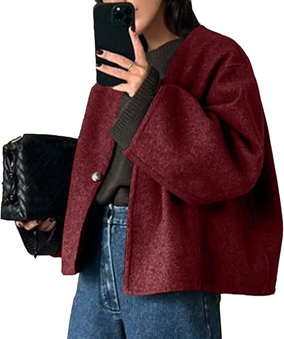 Damen Kurz geschnittene Oversize Wolljacke mit kastigem Schnitt und Ein-Knopf-Verschluss Drune