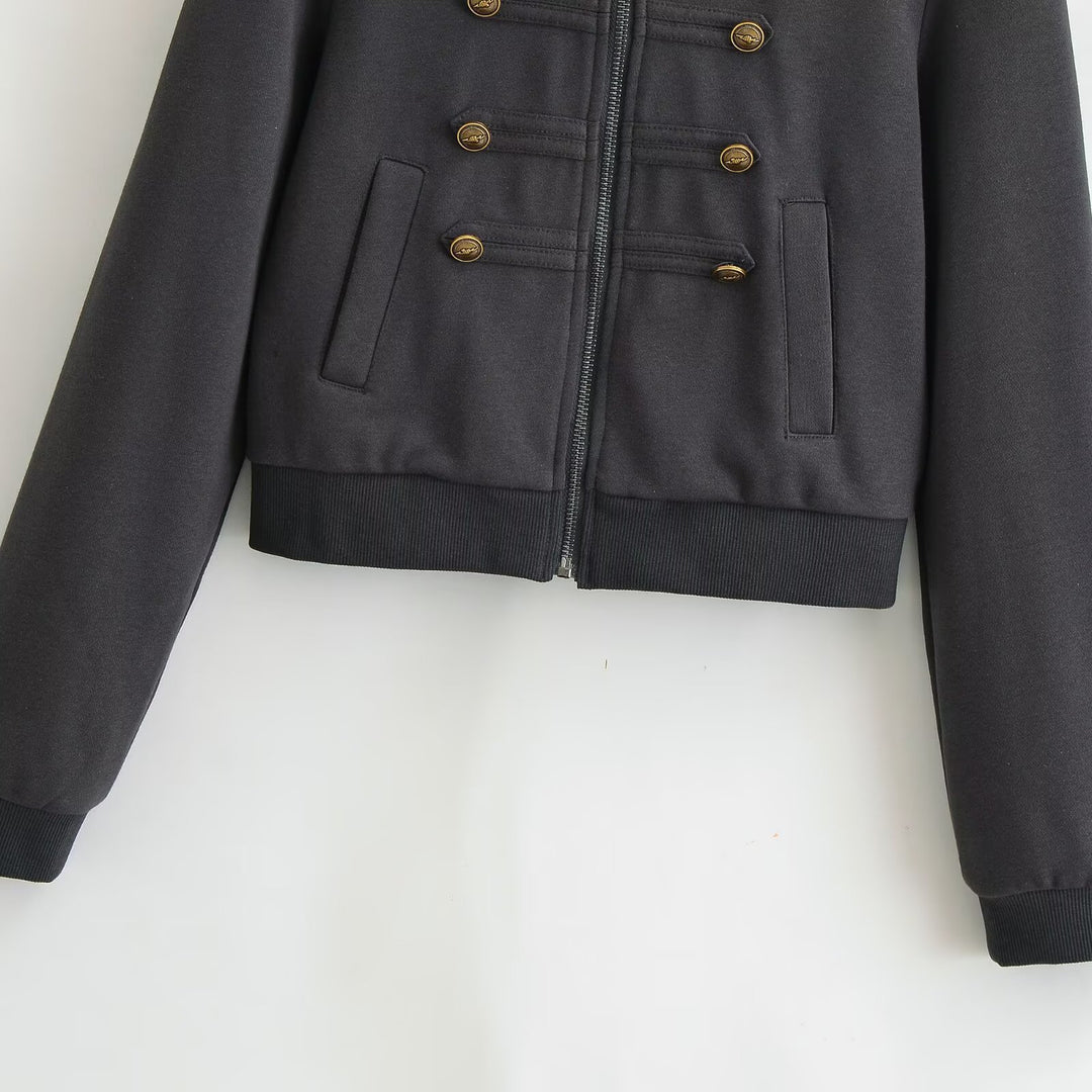 Damen Cropped Kapuzenblouson mit dekorischer Doppelreihe und verdecktem Reißverschluss Drune