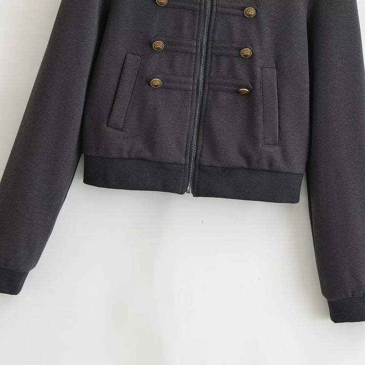 Damen Cropped Kapuzenblouson mit dekorischer Doppelreihe und verdecktem Reißverschluss Drune