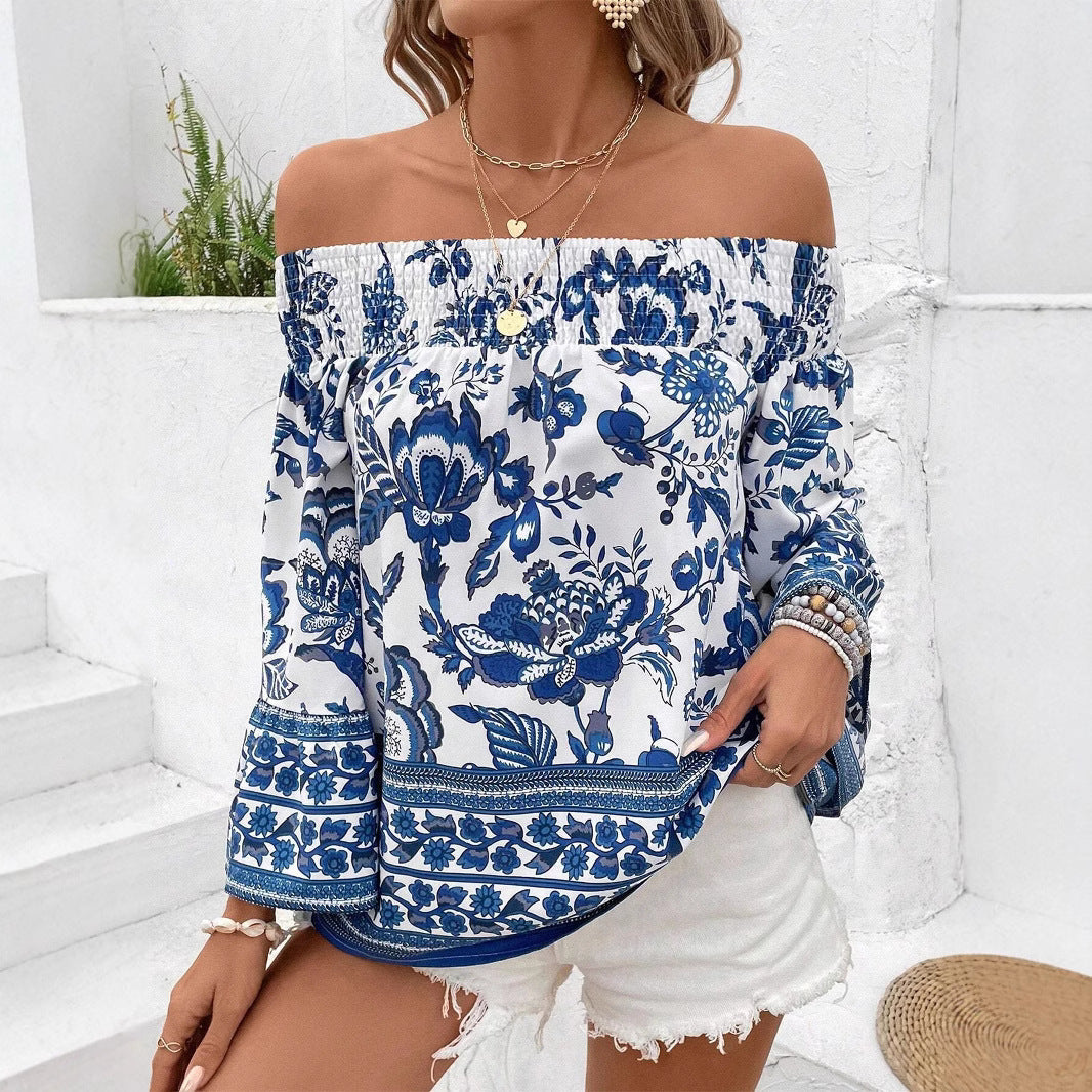Damen Off-Shoulder Bluse mit floralem Muster und Rüschendetails Drune