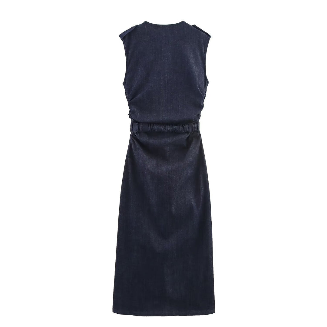 Damen Jeanskleid mit Wickelgürtel und eleganten Druckknöpfen Drune