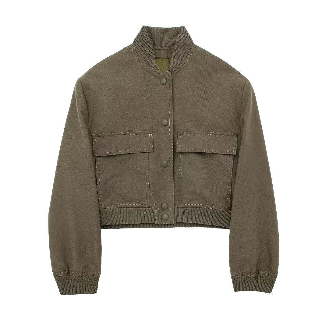Damen Boxy-Cropped-Jacke im Worker-Look mit Pattentaschen und Rippkragen Drune