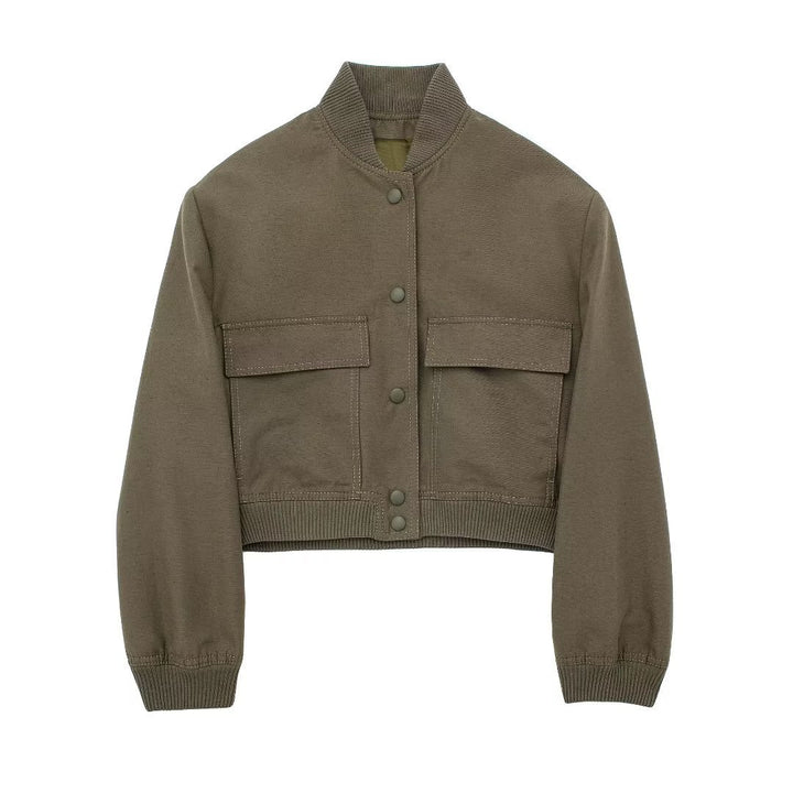 Damen Boxy-Cropped-Jacke im Worker-Look mit Pattentaschen und Rippkragen Drune