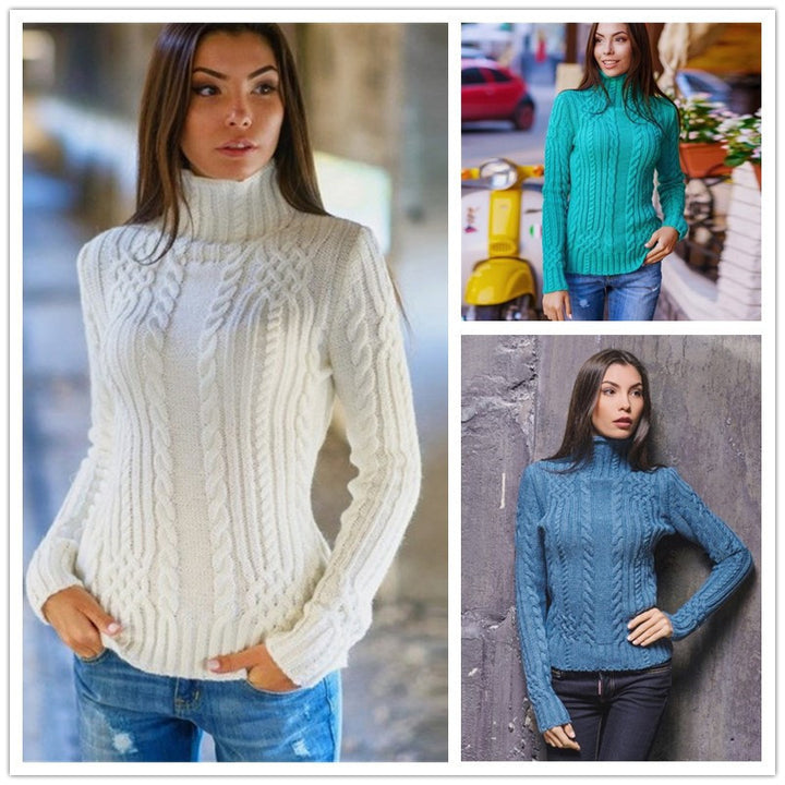 Damen Pullover mit hohem Kragen und Zopfmuster Drune