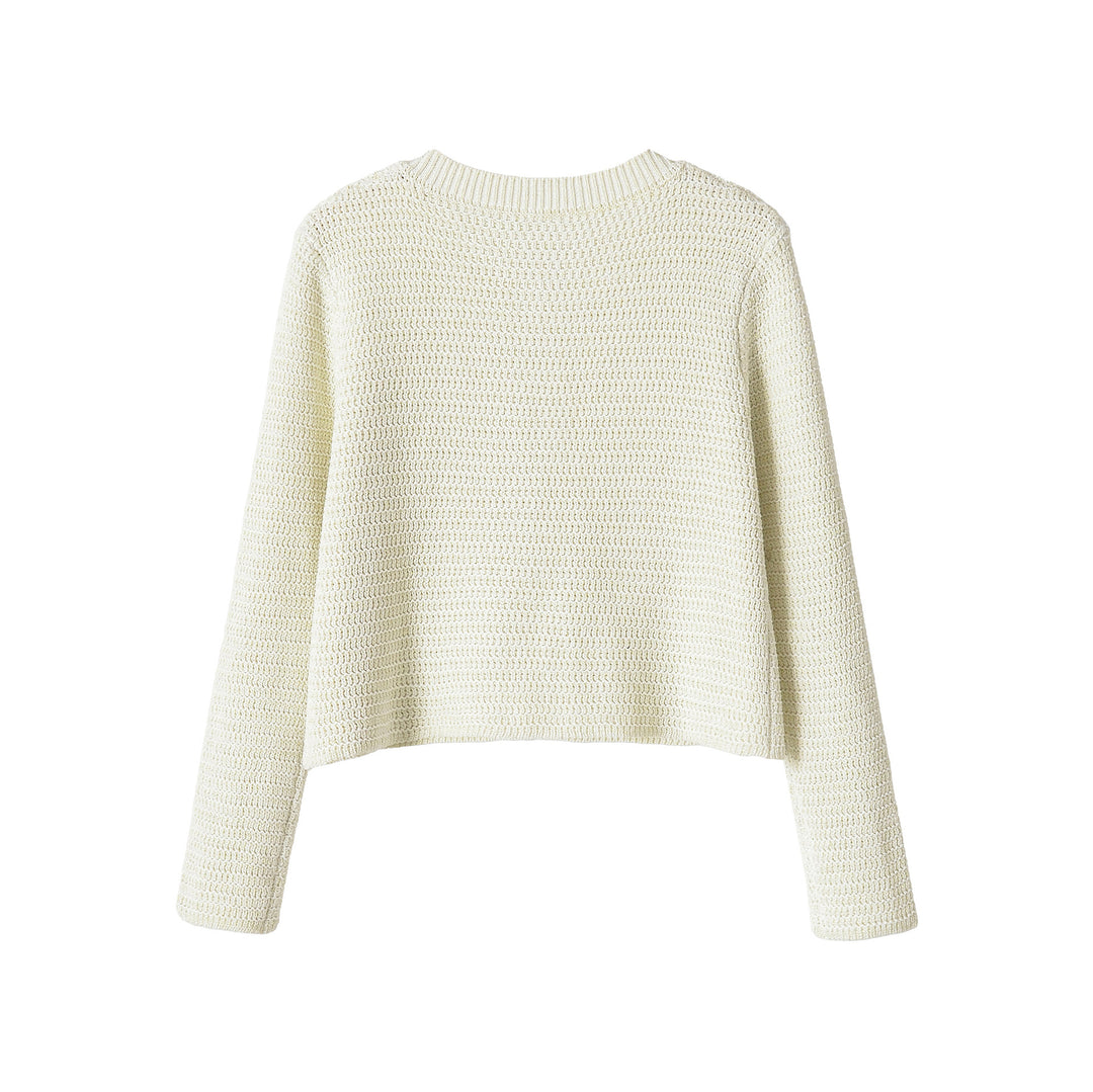 Damen Kurze gehäkelte Boxy-Strickjacke mit dekorativem Schmuckverschluss Drune