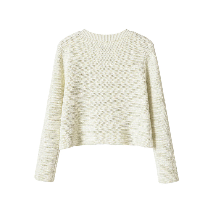 Damen Kurze gehäkelte Boxy-Strickjacke mit dekorativem Schmuckverschluss Drune