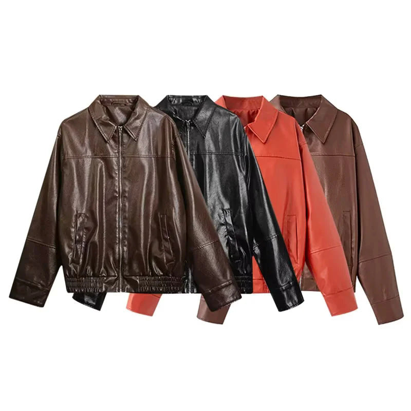 Damen nan oversize Glattlederoptik Blouson mit Hemdkragen, durchgehendem Reißverschluss und elastischem Bund Drune