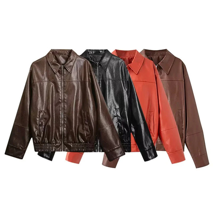 Damen nan oversize Glattlederoptik Blouson mit Hemdkragen, durchgehendem Reißverschluss und elastischem Bund Drune