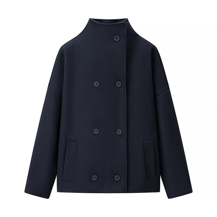 Damen Kurze doppeltgeknöpfte Oversize-Boxy-Jacke mit Stehkragen und Eingrifftaschen Drune
