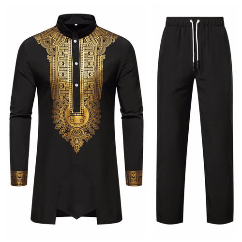 Herren Traditionelles Tunika-Set mit Stehkragen und goldfarbenem Ornamentdruck, Longshirt & Tunnelzughose Drune