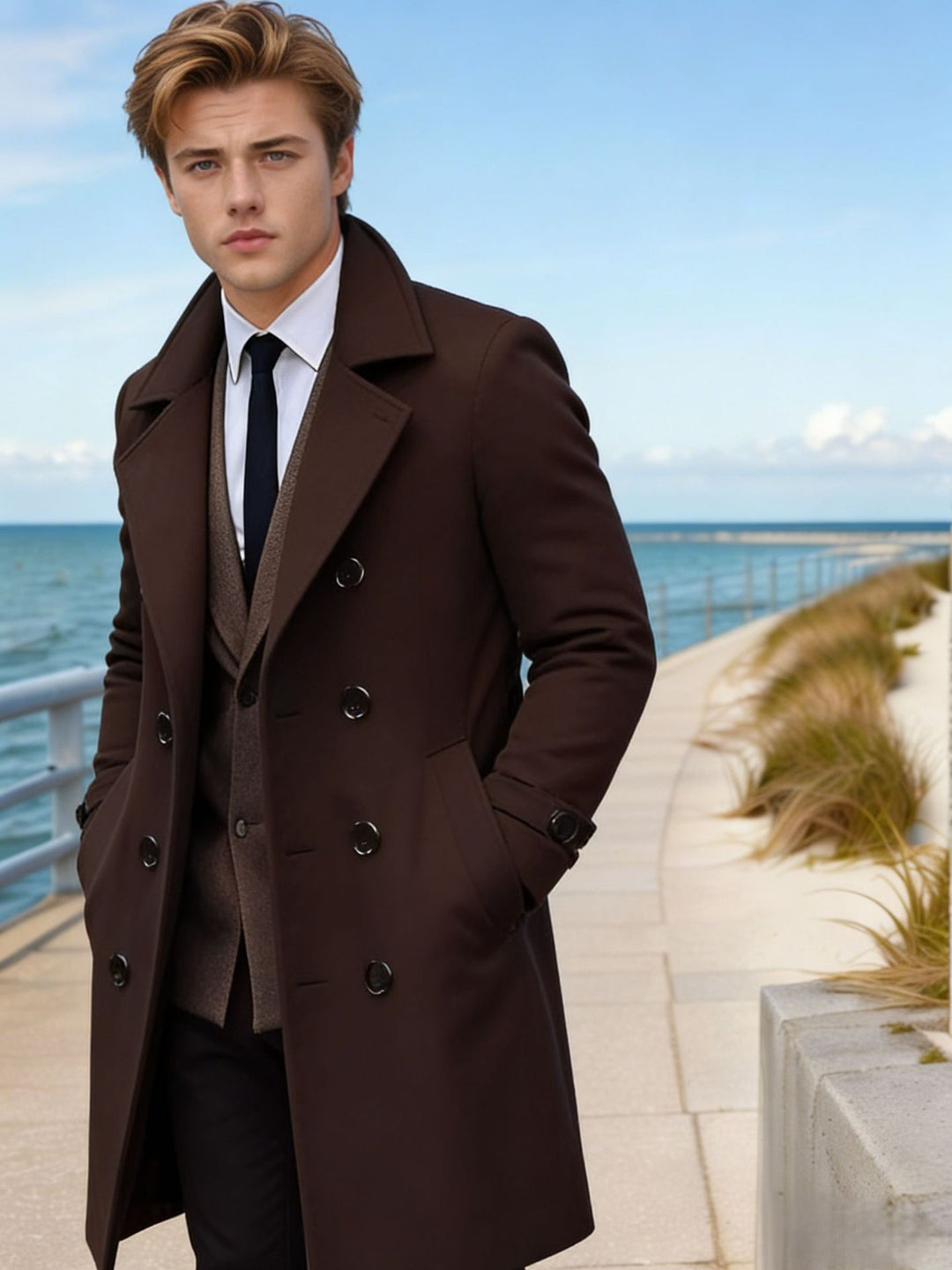Herren Doppelreihiger Wollmantel mit breitem Revers und taillierter Silhouette Drune