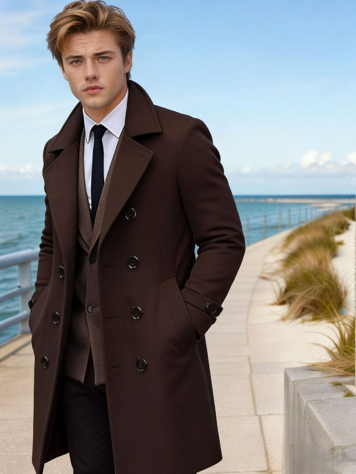 Herren Doppelreihiger Wollmantel mit breitem Revers und taillierter Silhouette Drune