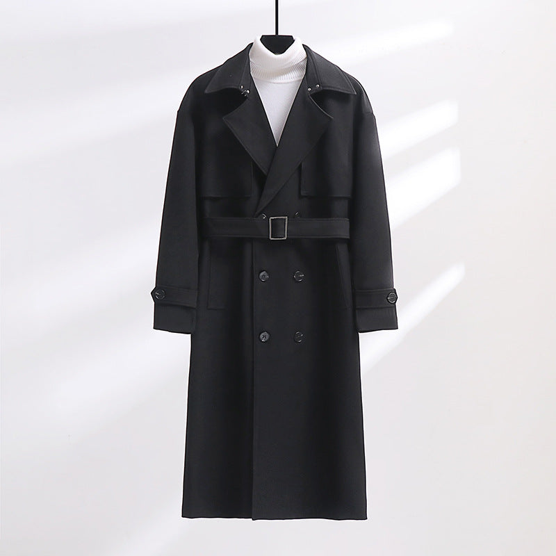 Herren Langer Doppelreihiger Trenchcoat mit Taillengürtel und Oversize‑Schalkragen Drune