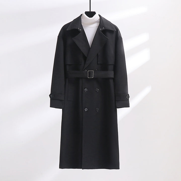 Herren Langer Doppelreihiger Trenchcoat mit Taillengürtel und Oversize‑Schalkragen Drune