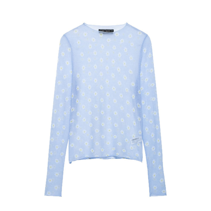 Damen Feines transparentes Mesh-Longsleeve mit Allover-Gänseblümchenprint und Rundhalsausschnitt Drune