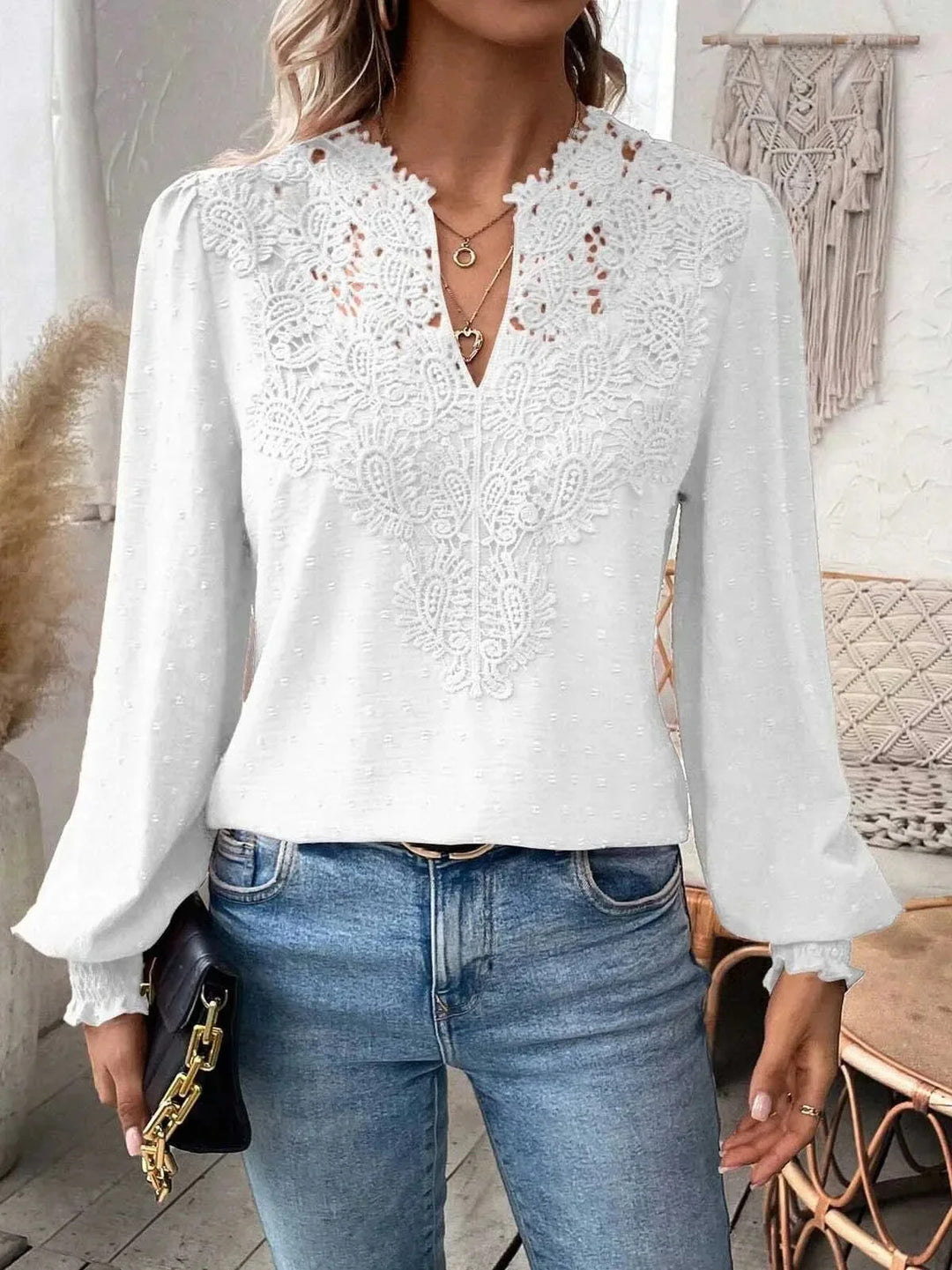 Damen elegante Bluse mit besticktem V-Ausschnitt Drune