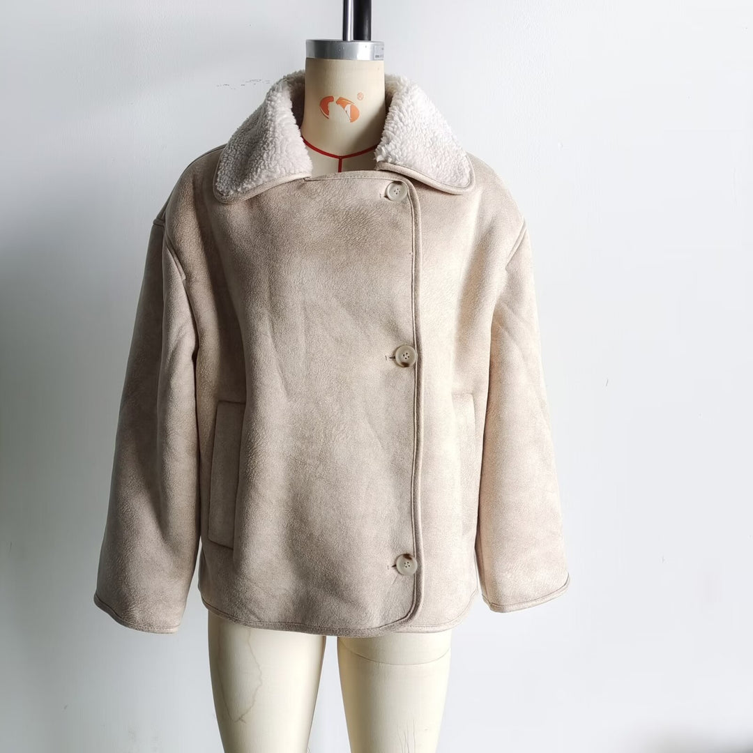 Damen nan kurzjacke im Velours‑Look mit Teddykragen und verdeckter Knopfleiste Drune