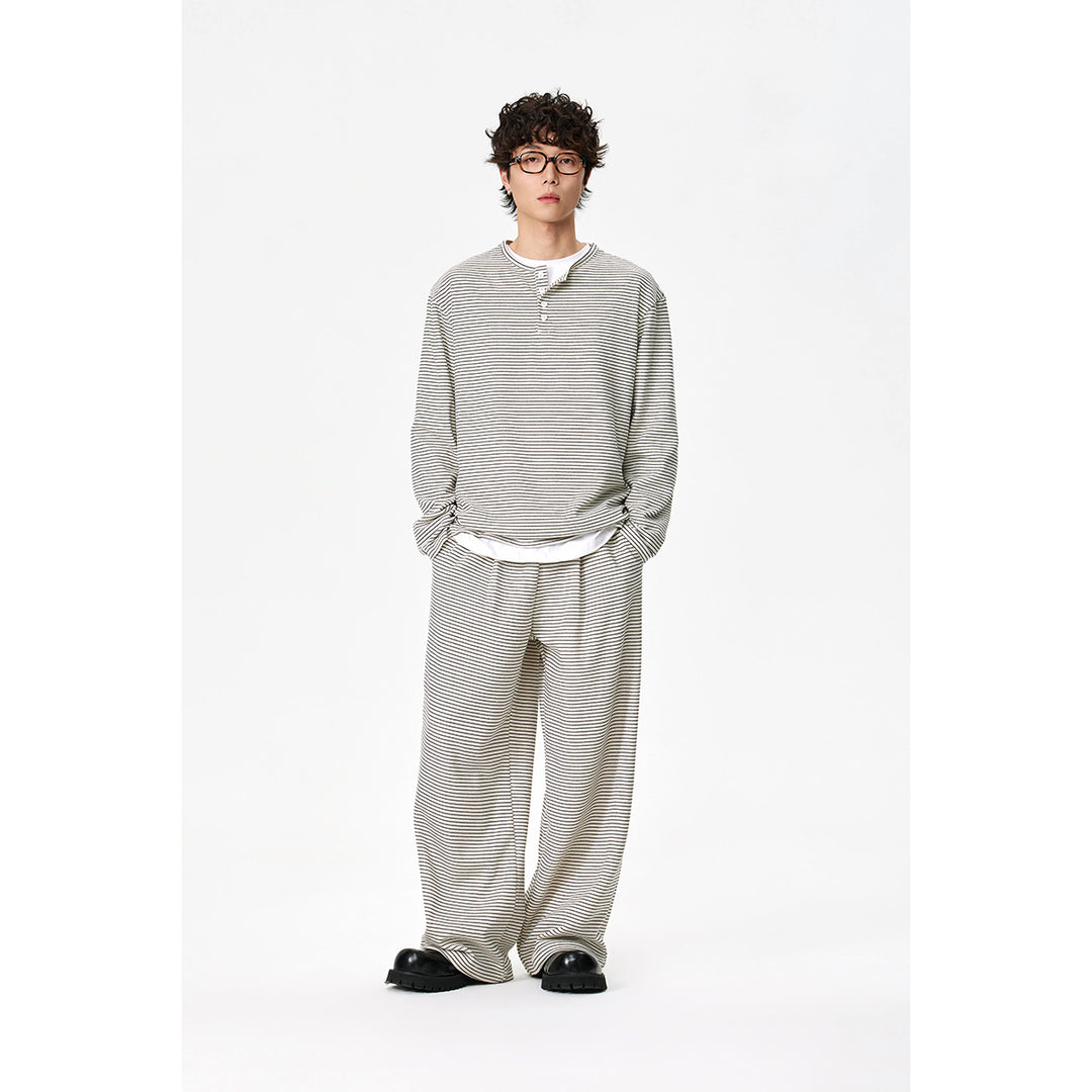 Unisex Gestreiftes Henley-Langarmshirt im Oversize-Relaxed-Schnitt mit Knopfleiste Drune