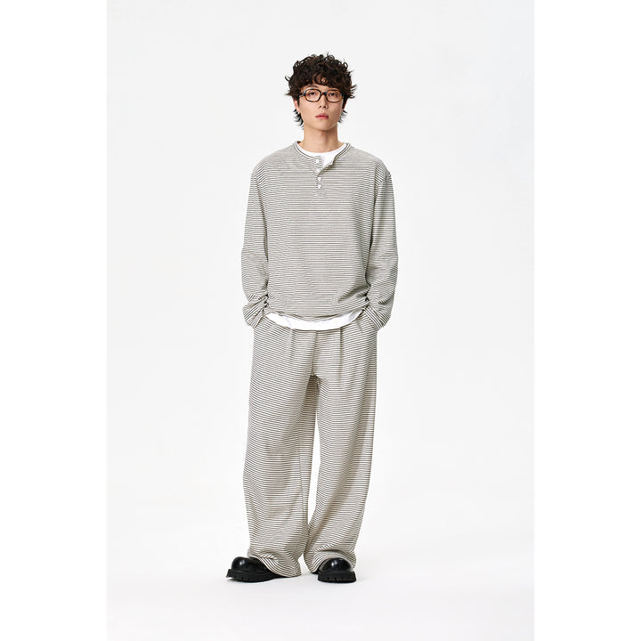 Unisex Gestreiftes Henley-Langarmshirt im Oversize-Relaxed-Schnitt mit Knopfleiste Drune