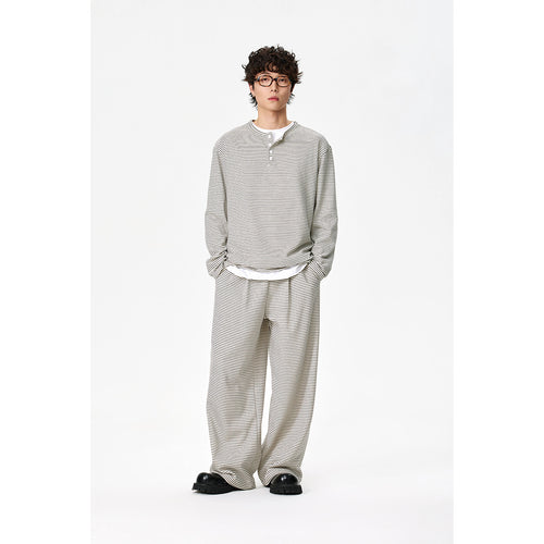 Unisex Gestreiftes Henley-Langarmshirt im Oversize-Relaxed-Schnitt mit Knopfleiste Drune