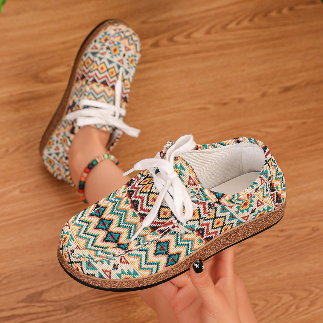 Damen Ethno-Canvas-Sneaker mit gepolstertem Fußbett und Korkoptik-Sohle Drune