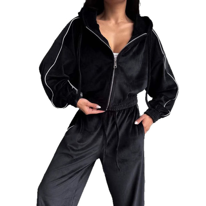Damen Samt-Lounge-Set mit verkürzter Zip-Hoodie und weitem High-Waist Jogger Drune