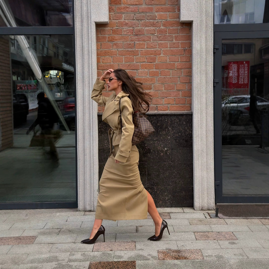 Damen Taillierter Cropped‑Trench mit Schößchen und Bindegürtel Drune