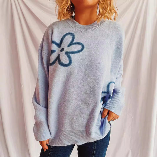 Damen lässiger Strickpullover mit floralem Design und oversized Schnitt Drune