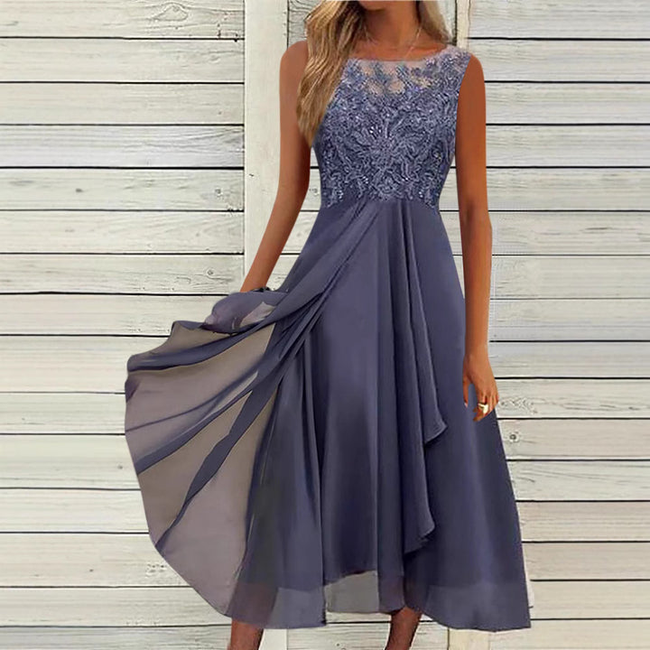 Damen nan ärmelloses Chiffon-Midikleid mit bestickter Illusionsspitze, Schiff-Ausschnitt und mehrlagigem Schwingrock Drune