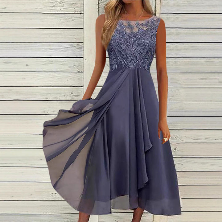 Damen nan ärmelloses Chiffon-Midikleid mit bestickter Illusionsspitze, Schiff-Ausschnitt und mehrlagigem Schwingrock Drune