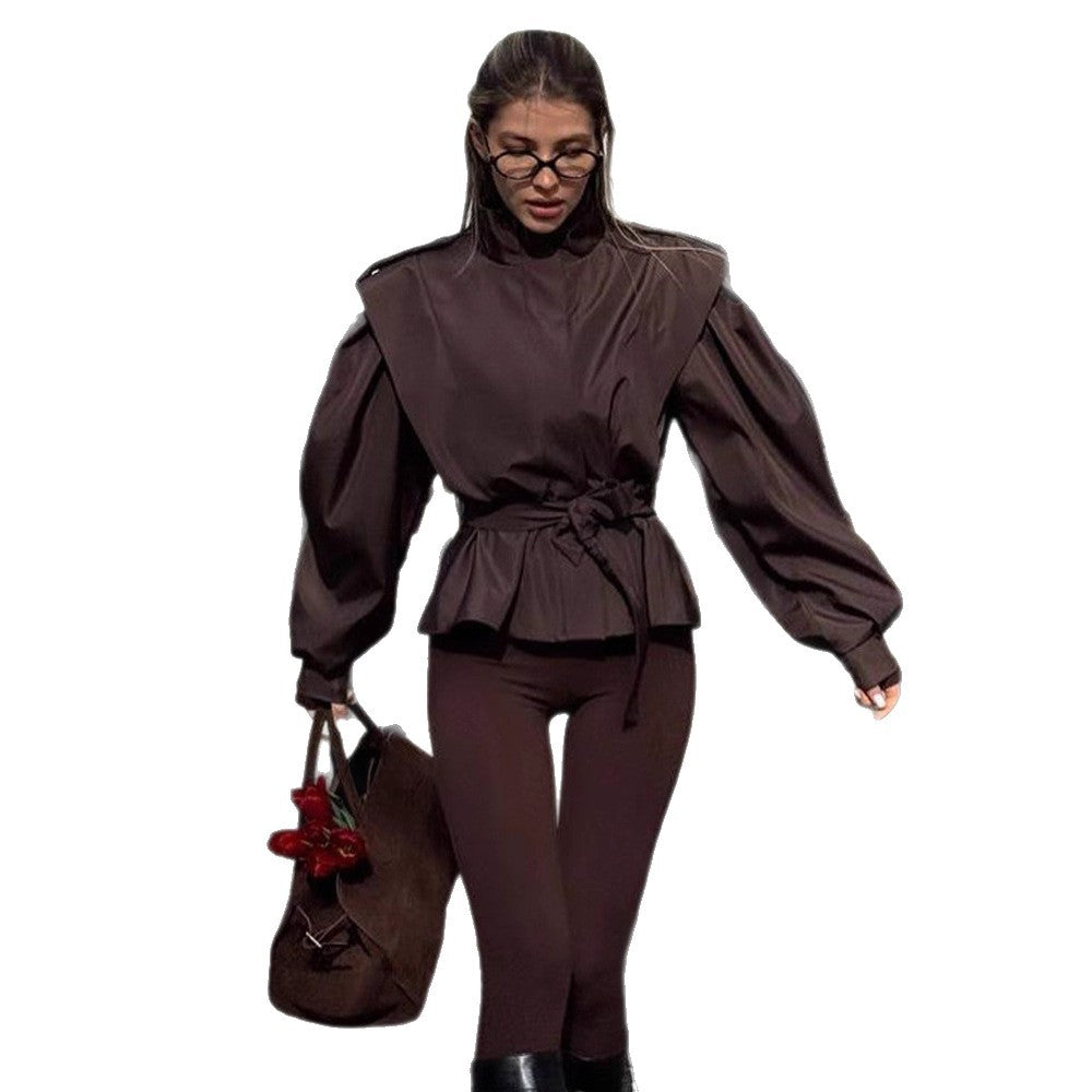 Damen Taillierte Peplumjacke mit Bindegürtel und voluminösen Ärmeln Drune