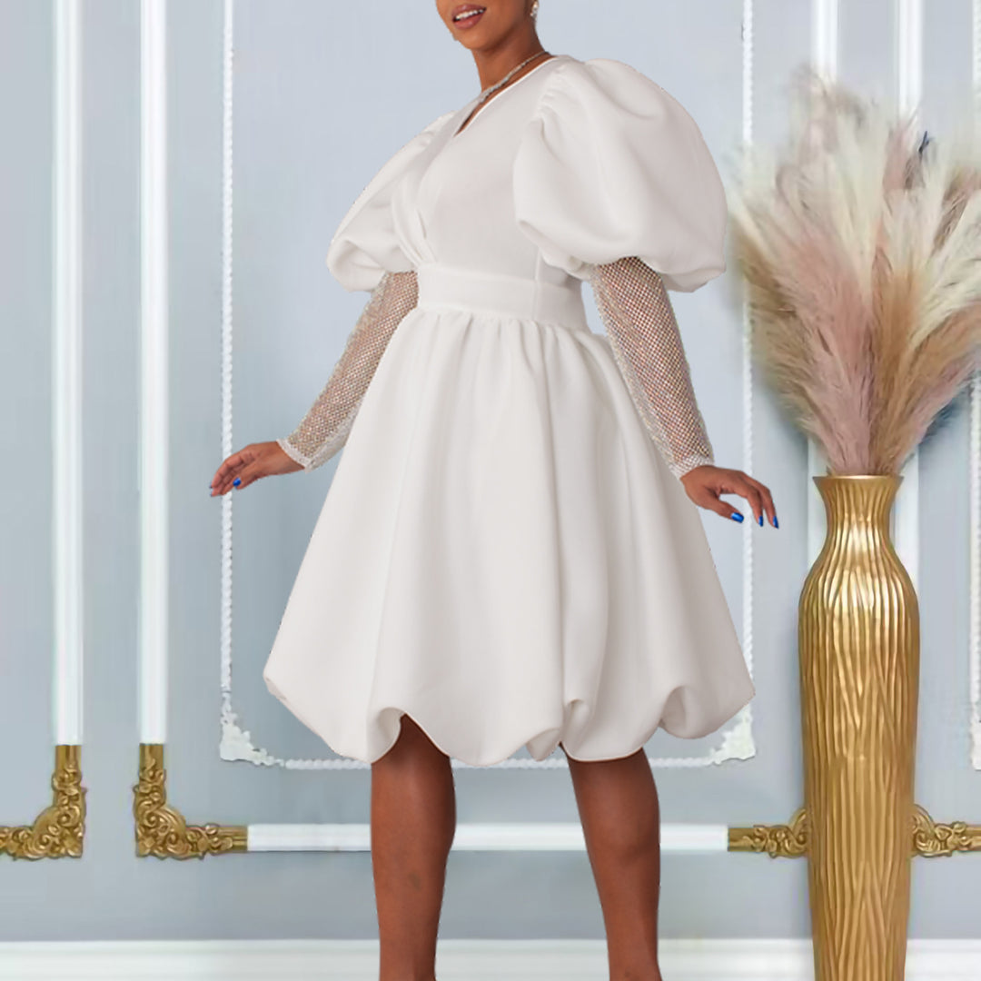 Damen Wickelkleid mit voluminösen Puffärmeln und transparenten Netzoberarmen Drune