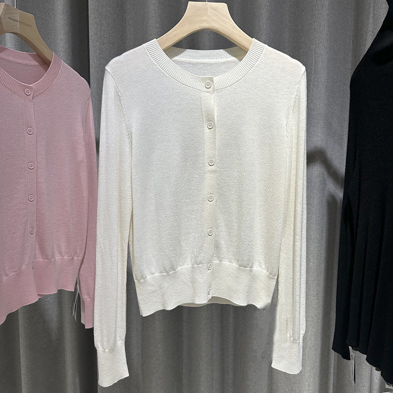Damen Feiner Rundhals-Feinstrick-Cardigan mit schmaler Silhouette & verlängerten Bündchen Drune