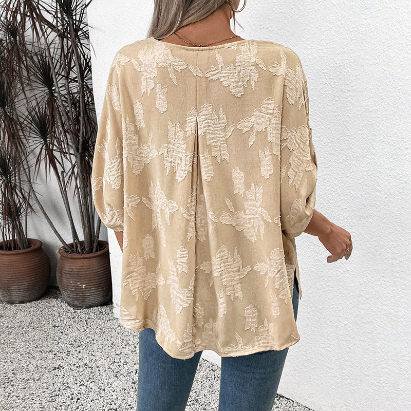 Damen Modische Bluse mit V-Ausschnitt und floralen Applikationen Drune