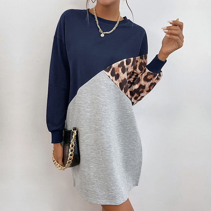 Damen Colorblock-Sweatkleid mit Leo-Ärmel und lockerer A-Linien-Silhouette Drune