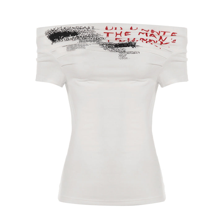 Damen Off-Shoulder T-Shirt mit künstlerischem Druck und figurbetontem Schnitt Drune